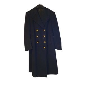VNTG US Navy Regulation Officers Long Wool Bridge Coat Gold Eagle Buttons Pea
